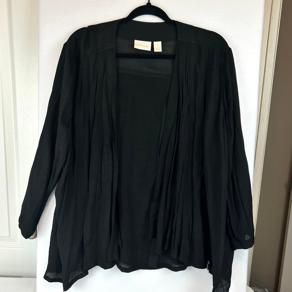 Chicos Black Open Front Lightweight‎ Cardigan Size 4(XL) with Gold Button Detail